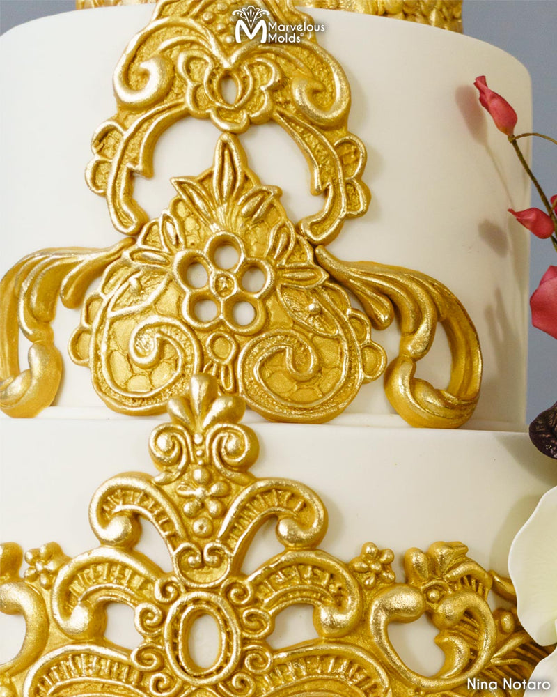 Cake Decorations with Gold Embellishments Decorated with the Sue Lace Silicone Mold by Marvelous Molds