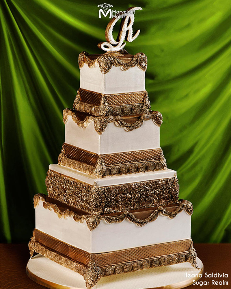 White and Gold Embellished Wedding Cake Decorated Using the Symphony Silicone Mold by Marvelous Molds