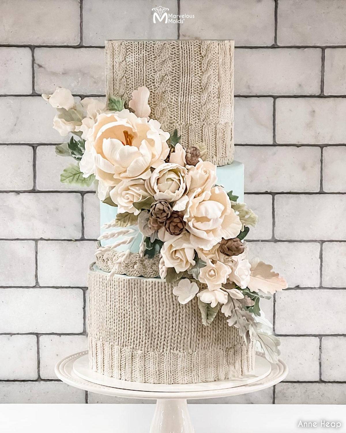 Beige and Cream Knit Wedding Cake, Decorated Using the Marvelous Molds Ribbed Knit Border Silicone Mold for cake decorating