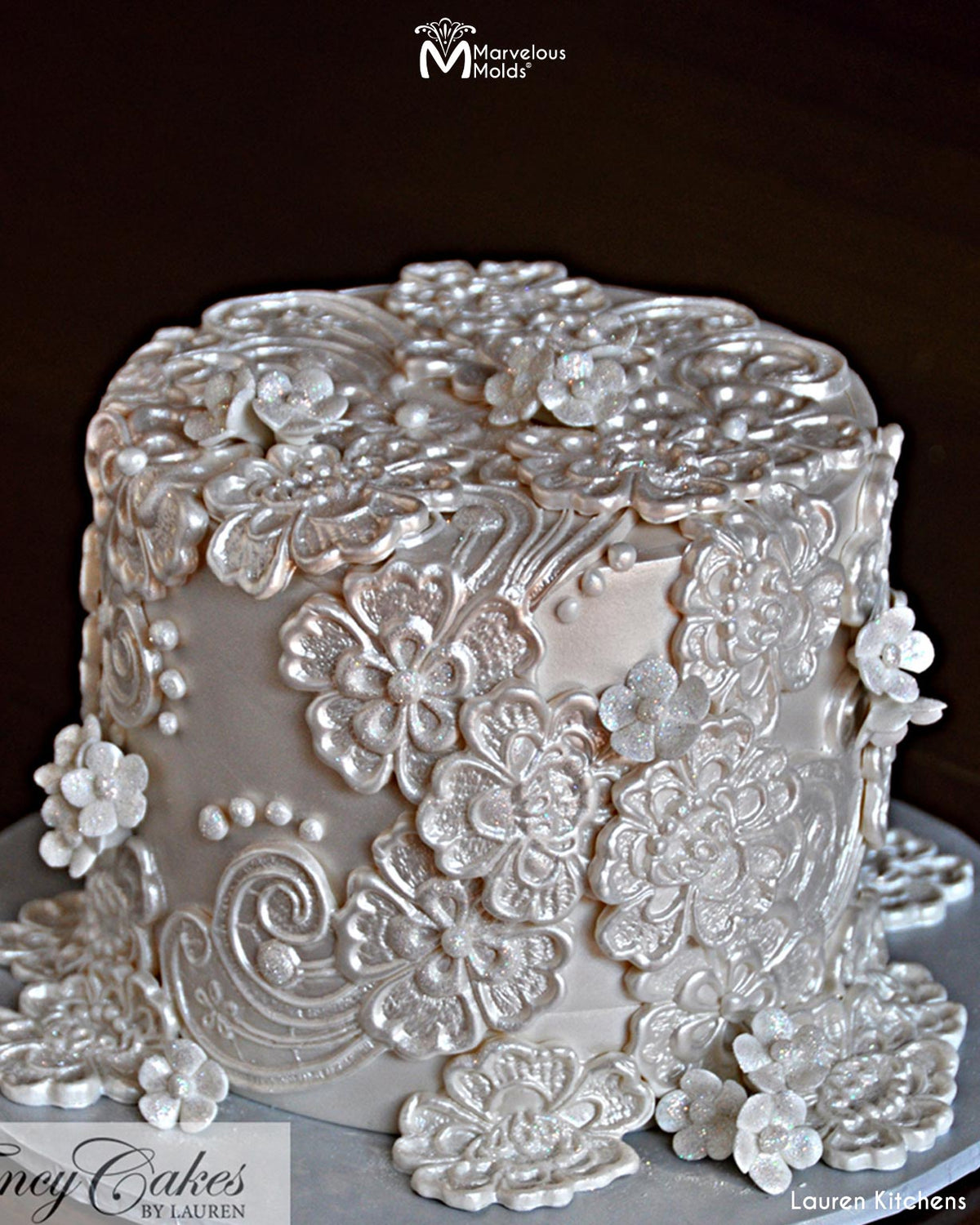 White Lace Wedding Cake Decorated with the Marvelous Molds Joan Left Lace Silicone Mold
