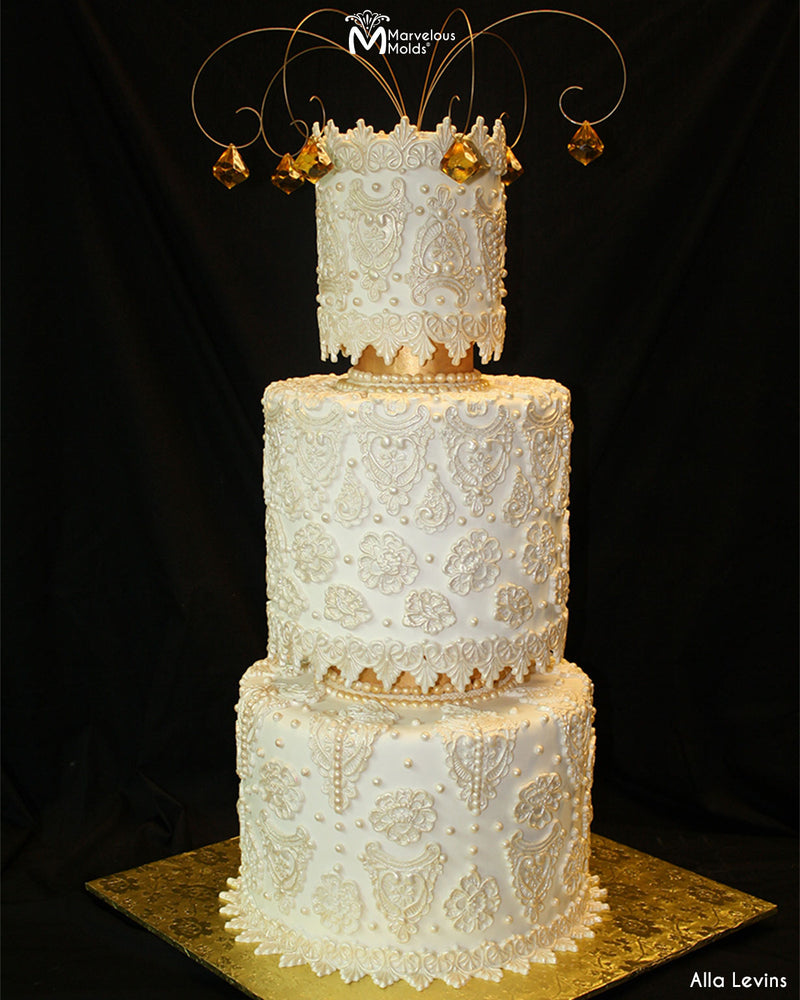 White Lace Decorated Wedding Cake Created Using the Marvelous Molds Peggy Lace Silicone Mold