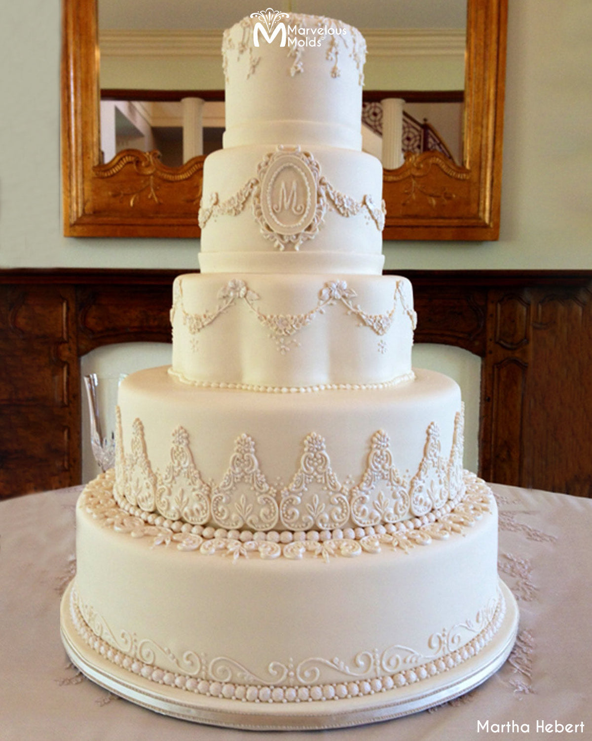 Extravagent White Wedding Cake decorated using Carolyn lace Mold by Marvelous Molds