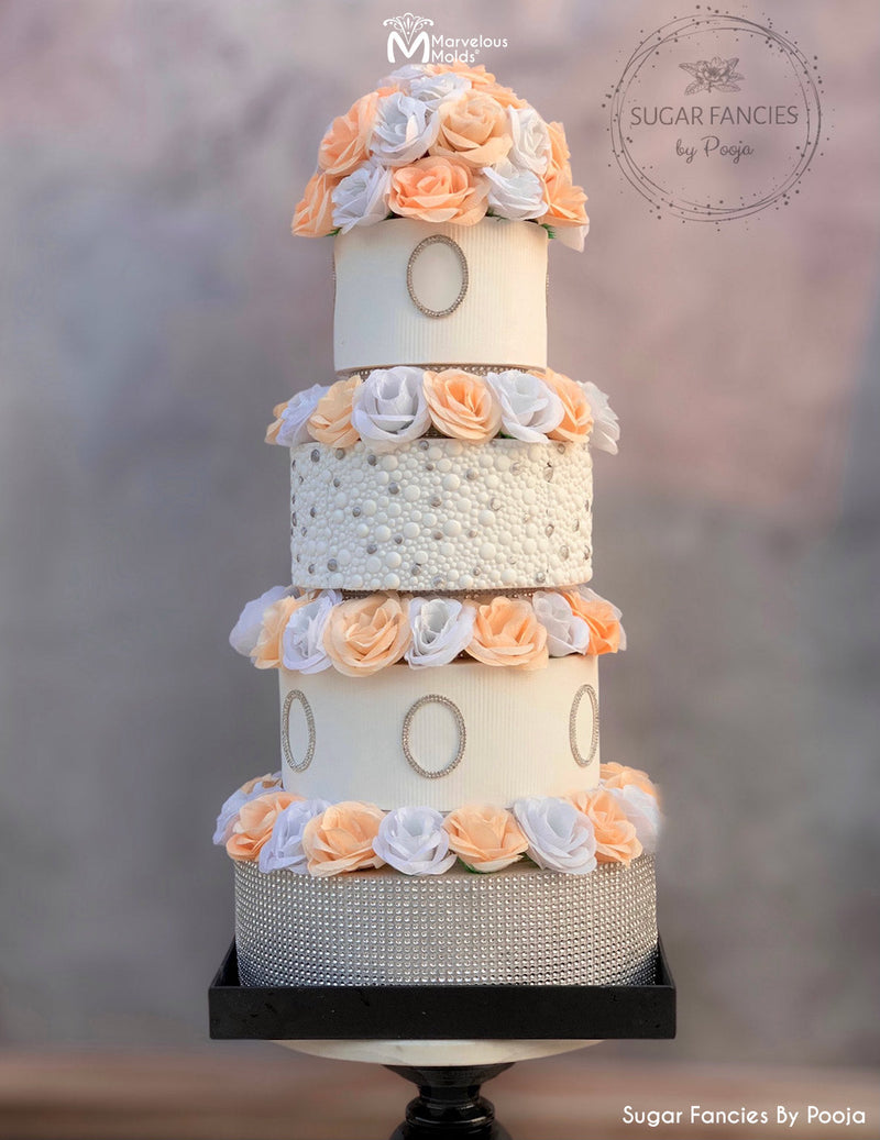 White and Peach Floral Wedding Cake Decorated Using the Marvelous Molds Pretty in Pearls Simpress Silicone Mold