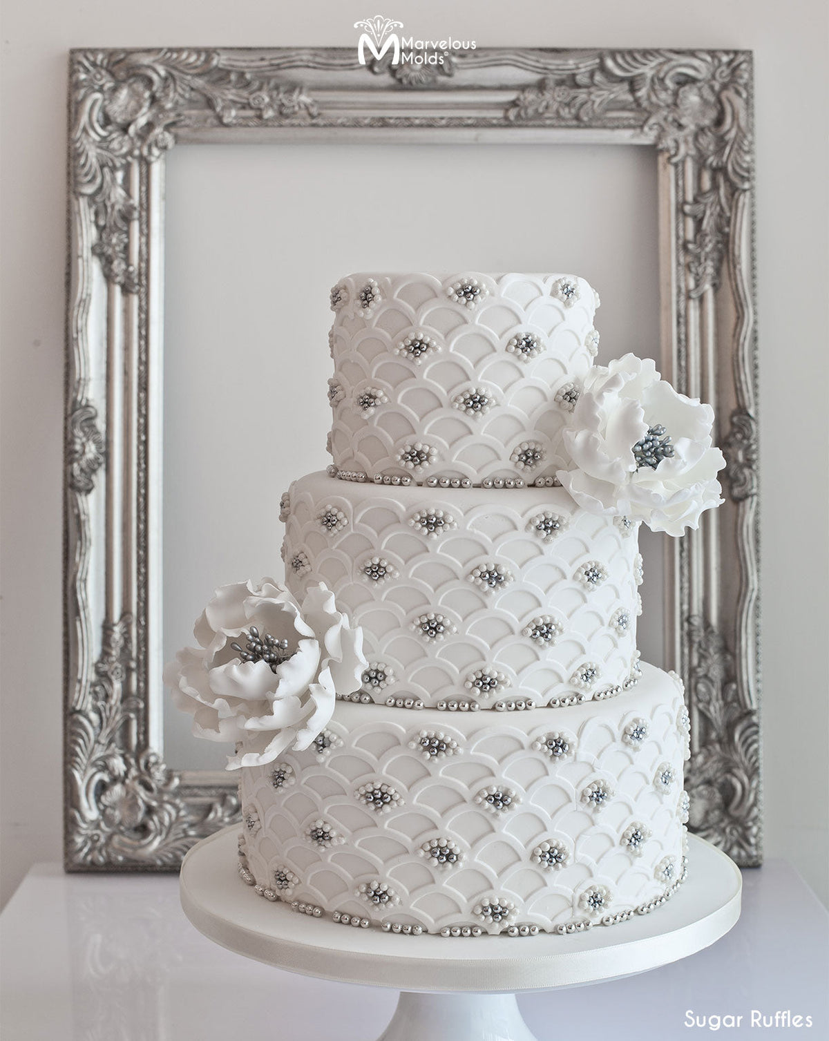 White Wedding Cake with Lattice and Pearl Detail, Decorated Using the Marvelous Molds Scalloped Lattice Silicone Onlay Cake Stencil Food Safe Mold