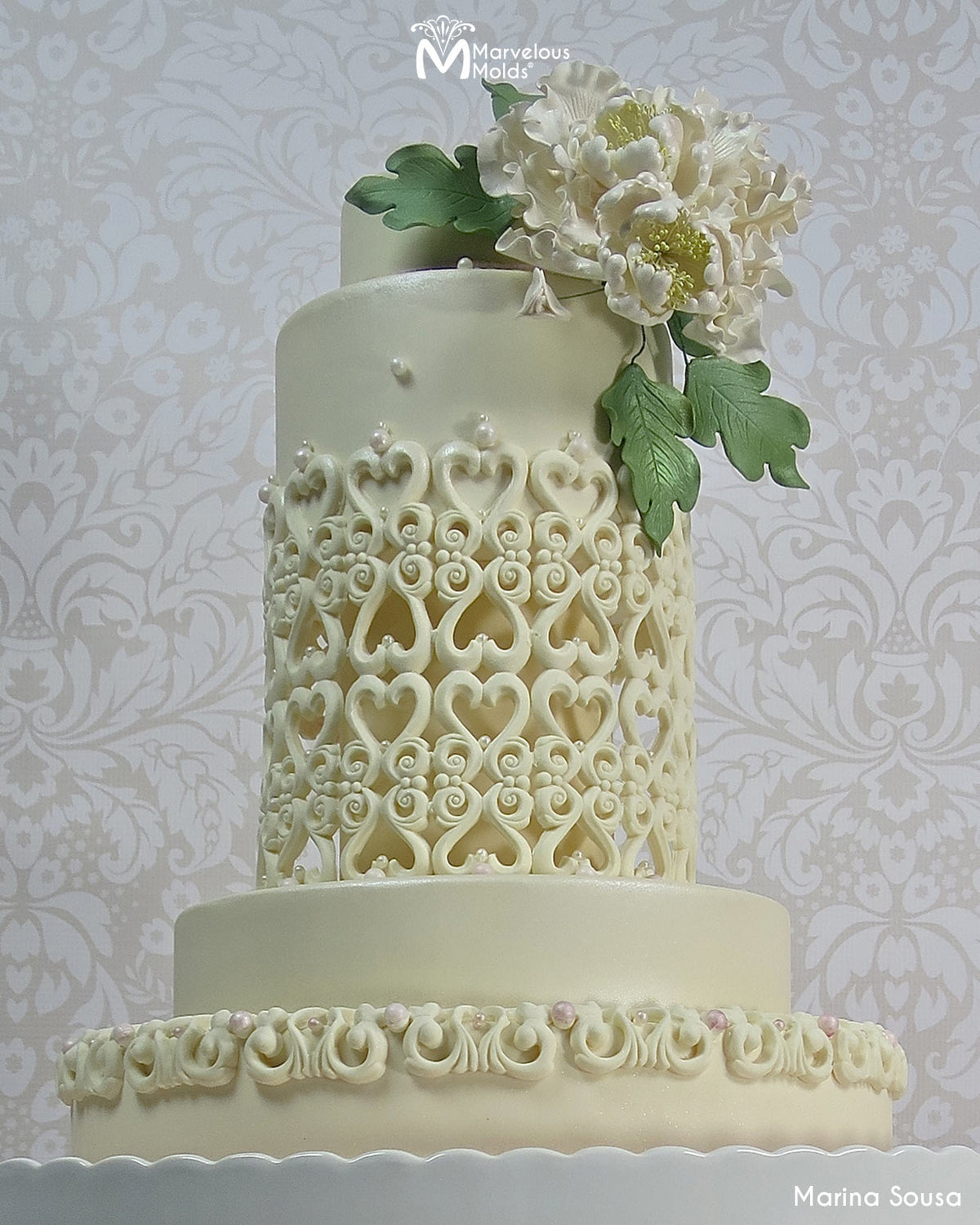 White Vintage Wedding Cake Decorate Using the Marvelous Molds Bella Scroll Silicone Mold