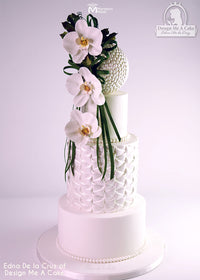 White Pearlescent Wedding Cake Decorated Using the Marvelous Molds Ribbon Ruffle Simpress Silicone Mold